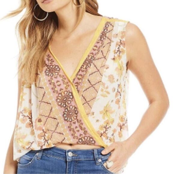Free People Tops - Free People Havana Floral Cropped Tank Top Faux Wrap Small Womens
